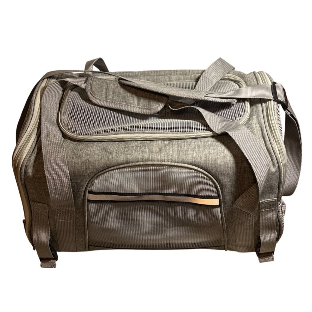 Pet Carrier Mesh Panels & Pockets Airline Approved Sherpa Bed Grey 16.5 x 10.5"